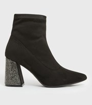 New Look Black Suedette Pointed Flared Diamante Block Heel Ankle Boots